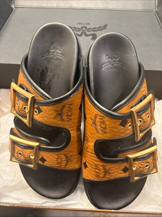MCM Shoes - MCM Unisex Orange Logo Double-Buckle Slide Sandals